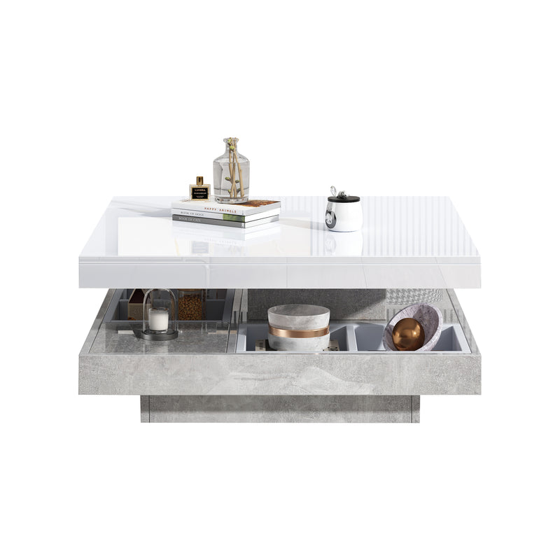 Table Basse Pivotante Blanche et Effet Marbre Double Couche avec Rangement Intégré ACHO