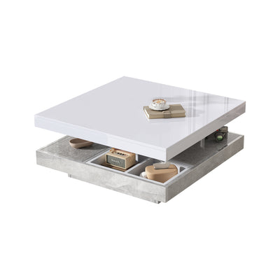 Table Basse Pivotante Blanche et Effet Marbre Double Couche avec Rangement Intégré ACHO