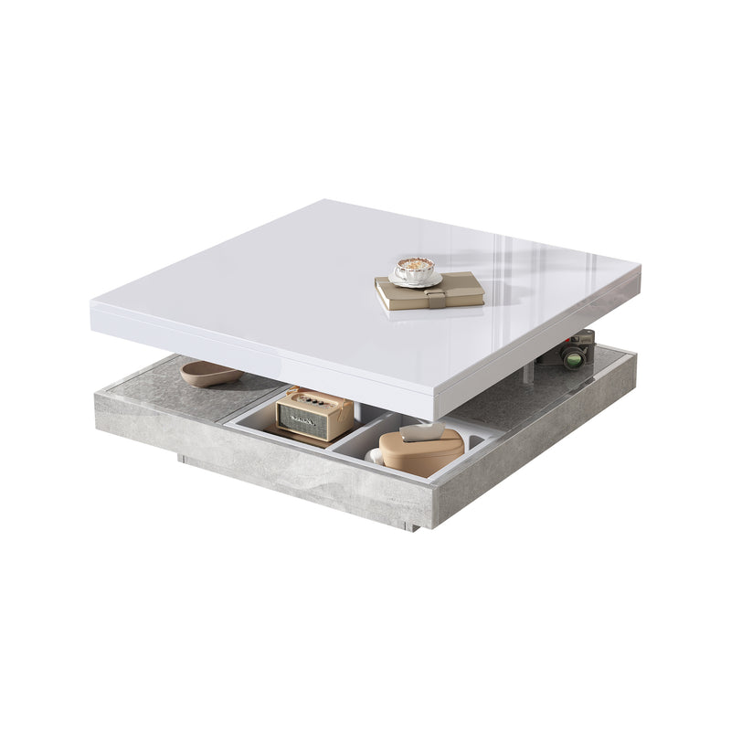 Table Basse Pivotante Blanche et Effet Marbre Double Couche avec Rangement Intégré ACHO