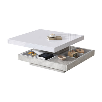 Table Basse Pivotante Blanche et Effet Marbre Double Couche avec Rangement Intégré ACHO
