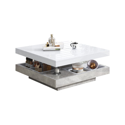 Table Basse Pivotante Blanche et Effet Marbre Double Couche avec Rangement Intégré ACHO