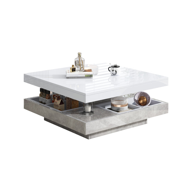 Table Basse Pivotante Blanche et Effet Marbre Double Couche avec Rangement Intégré ACHO
