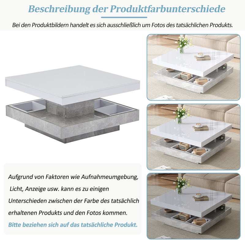 Table Basse Pivotante Blanche et Effet Marbre Double Couche avec Rangement Intégré ACHO