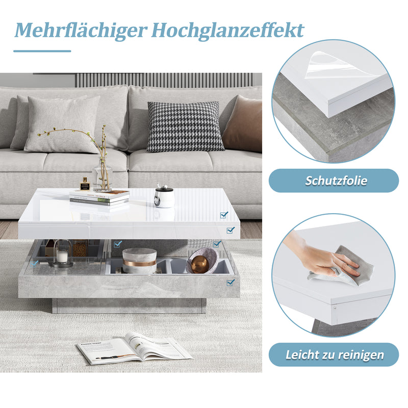 Table Basse Pivotante Blanche et Effet Marbre Double Couche avec Rangement Intégré ACHO