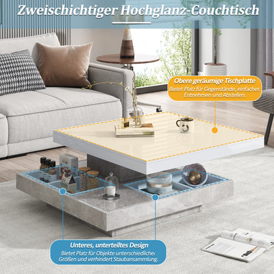 Table Basse Pivotante Blanche et Effet Marbre Double Couche avec Rangement Intégré ACHO