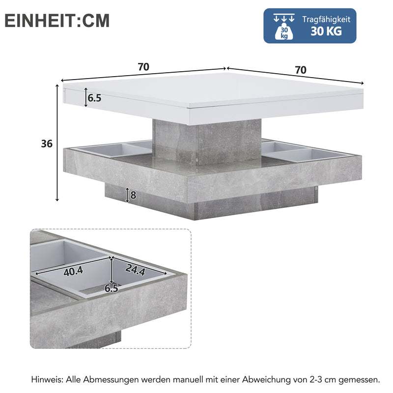 Table Basse Pivotante Blanche et Effet Marbre Double Couche avec Rangement Intégré ACHO