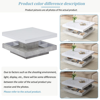 Table Basse Pivotante Blanche et Effet Marbre Double Couche avec Rangement Intégré ACHO
