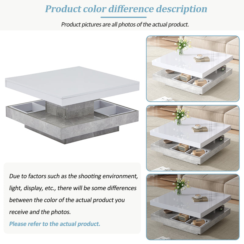 Table Basse Pivotante Blanche et Effet Marbre Double Couche avec Rangement Intégré ACHO