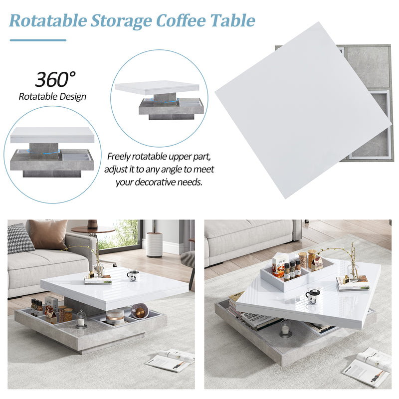 Table Basse Pivotante Blanche et Effet Marbre Double Couche avec Rangement Intégré ACHO