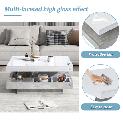 Table Basse Pivotante Blanche et Effet Marbre Double Couche avec Rangement Intégré ACHO