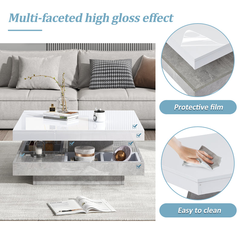Table Basse Pivotante Blanche et Effet Marbre Double Couche avec Rangement Intégré ACHO