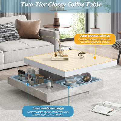 Table Basse Pivotante Blanche et Effet Marbre Double Couche avec Rangement Intégré ACHO