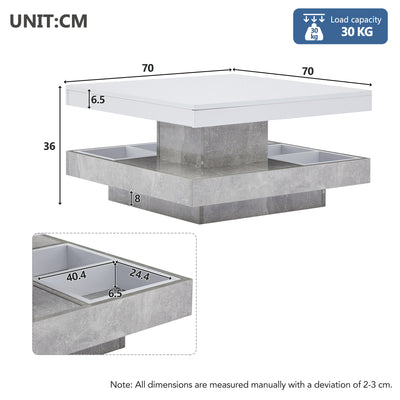 Table Basse Pivotante Blanche et Effet Marbre Double Couche avec Rangement Intégré ACHO