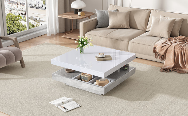 Table Basse Pivotante Blanche et Effet Marbre Double Couche avec Rangement Intégré ACHO