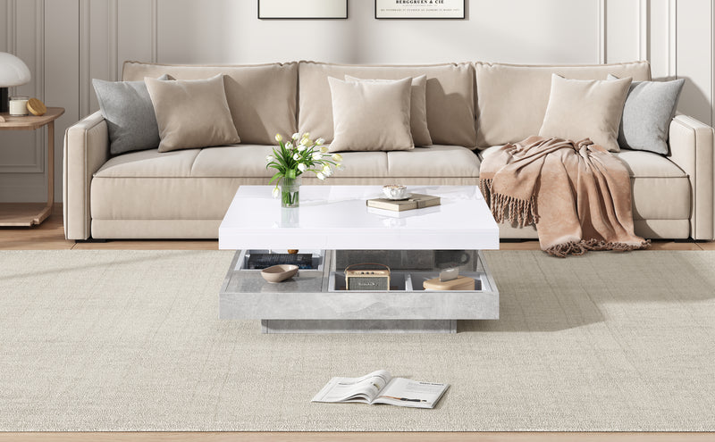 Table Basse Pivotante Blanche et Effet Marbre Double Couche avec Rangement Intégré ACHO