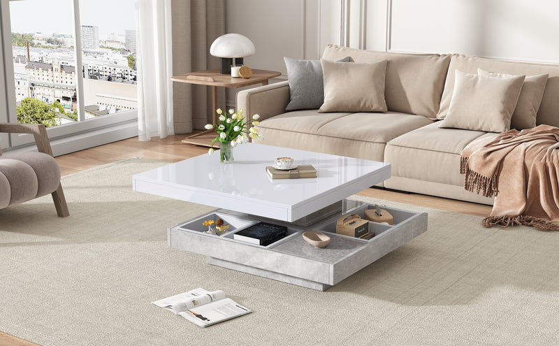 Table Basse Pivotante Blanche et Effet Marbre Double Couche avec Rangement Intégré ACHO