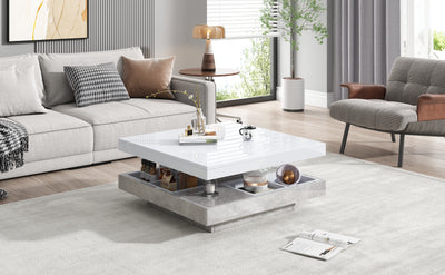 Table Basse Pivotante Blanche et Effet Marbre Double Couche avec Rangement Intégré ACHO