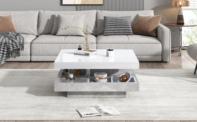 Table Basse Pivotante Blanche et Effet Marbre Double Couche avec Rangement Intégré ACHO