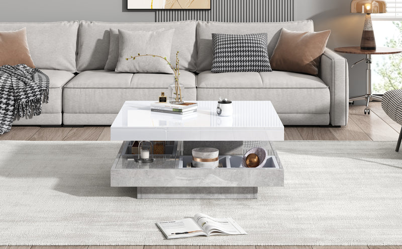 Table Basse Pivotante Blanche et Effet Marbre Double Couche avec Rangement Intégré ACHO