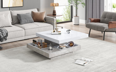 Table Basse Pivotante Blanche et Effet Marbre Double Couche avec Rangement Intégré ACHO