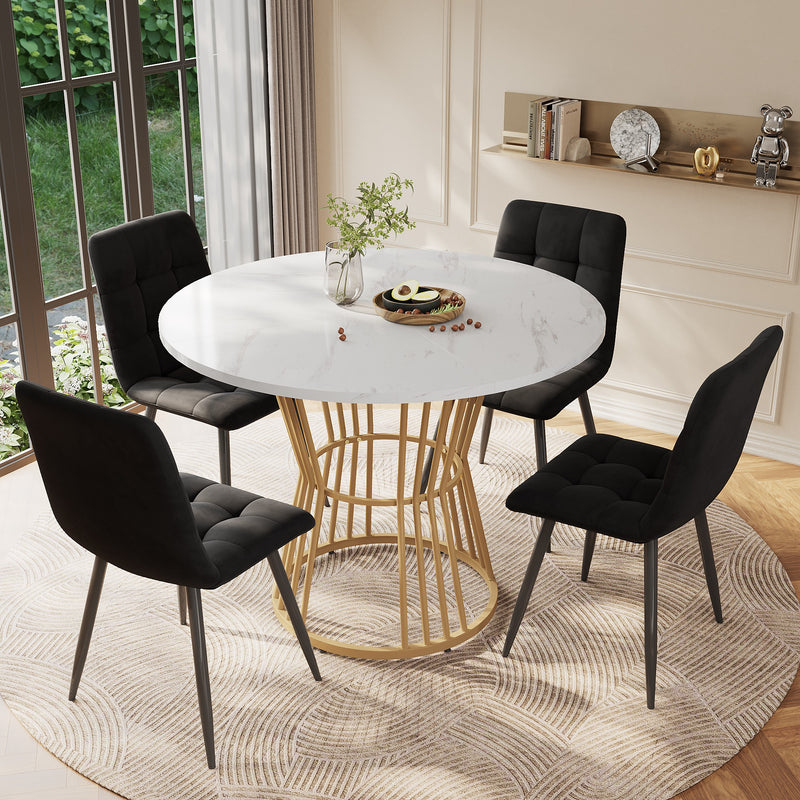 Table à Manger Ronde Blanche Effet Marbre avec Piétement Métallique Design AIZU