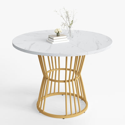Table à Manger Ronde Blanche Effet Marbre avec Piétement Métallique Design AIZU