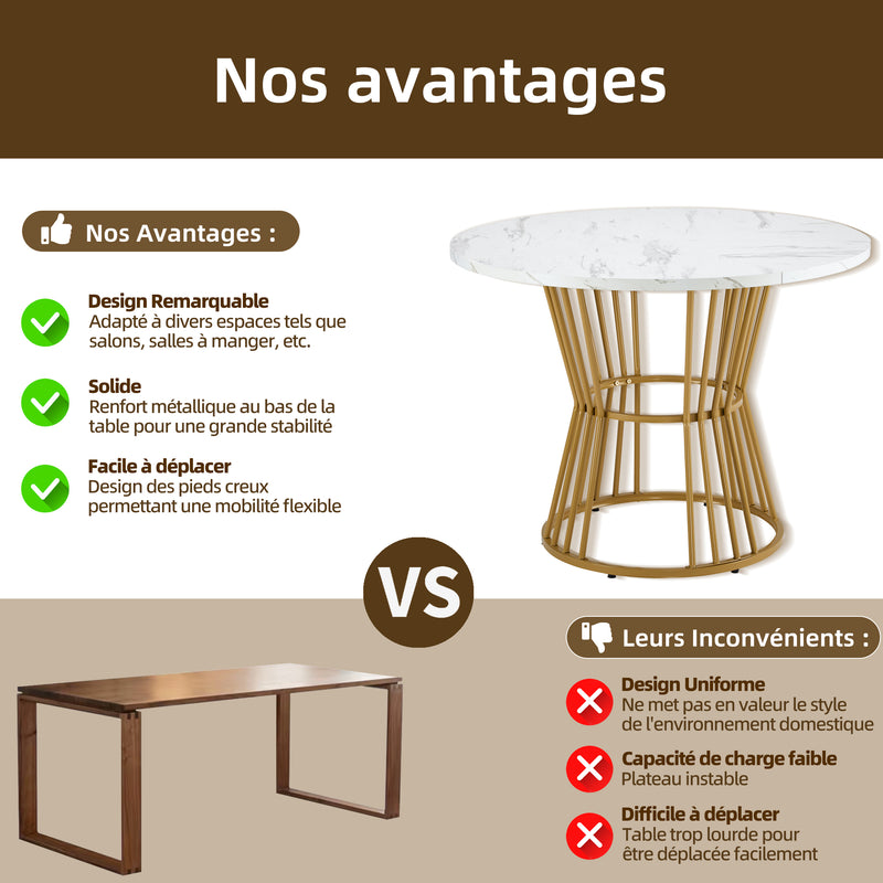 Table à Manger Ronde Blanche Effet Marbre avec Piétement Métallique Design AIZU