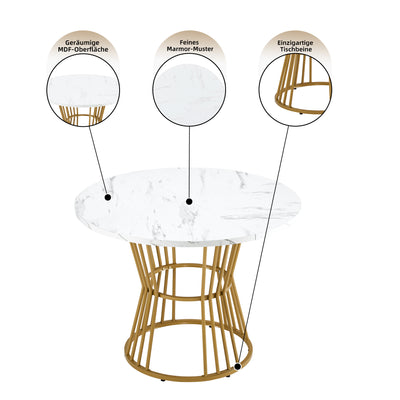 Table à Manger Ronde Blanche Effet Marbre avec Piétement Métallique Design AIZU