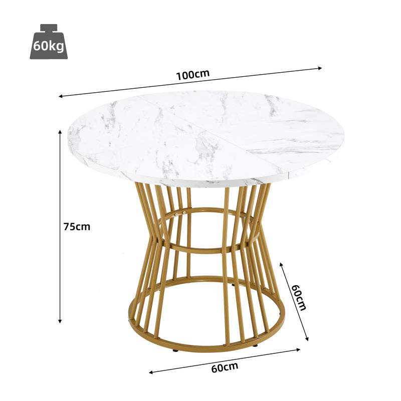 Table à Manger Ronde Blanche Effet Marbre avec Piétement Métallique Design AIZU