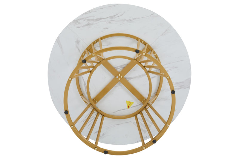 Table à Manger Ronde Blanche Effet Marbre avec Piétement Métallique Design AIZU