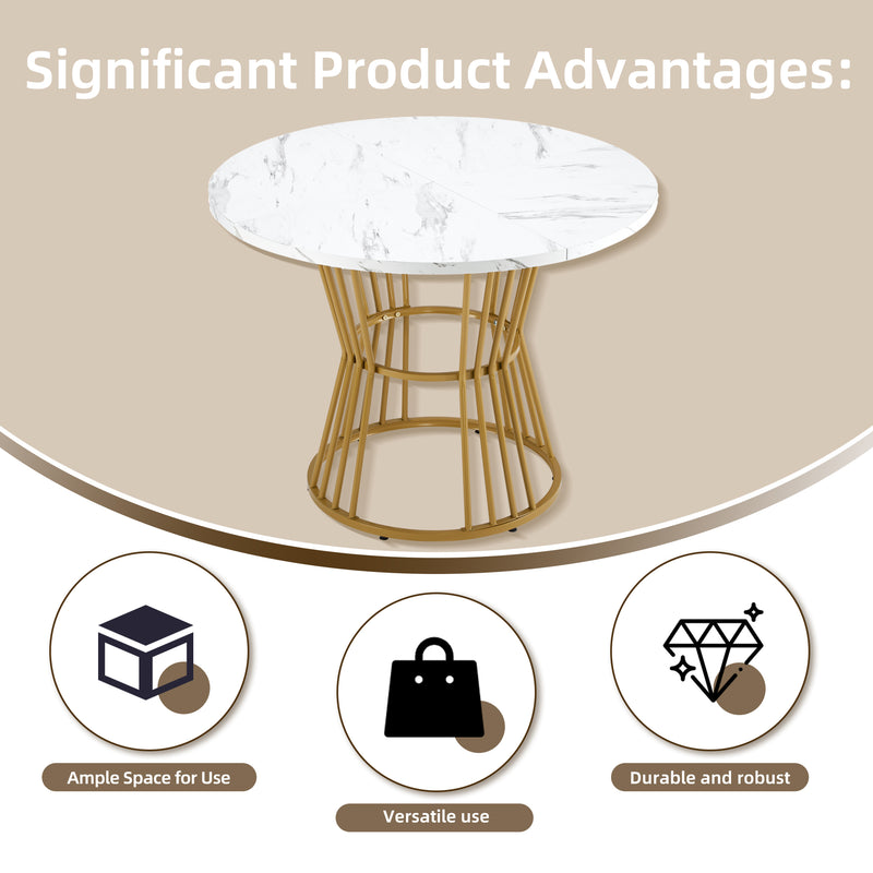 Table à Manger Ronde Blanche Effet Marbre avec Piétement Métallique Design AIZU
