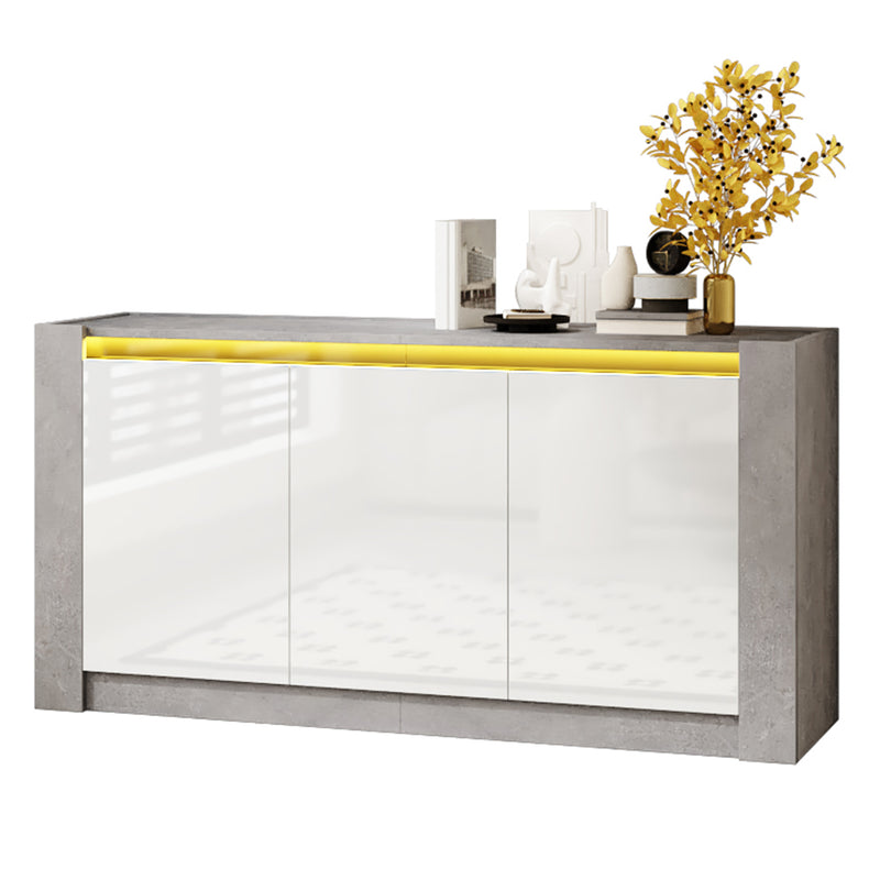 Buffet Moderne Blanc Brillant et Gris Ciment avec Rangement Spacieux et Étagères Ajustables ARKUNS