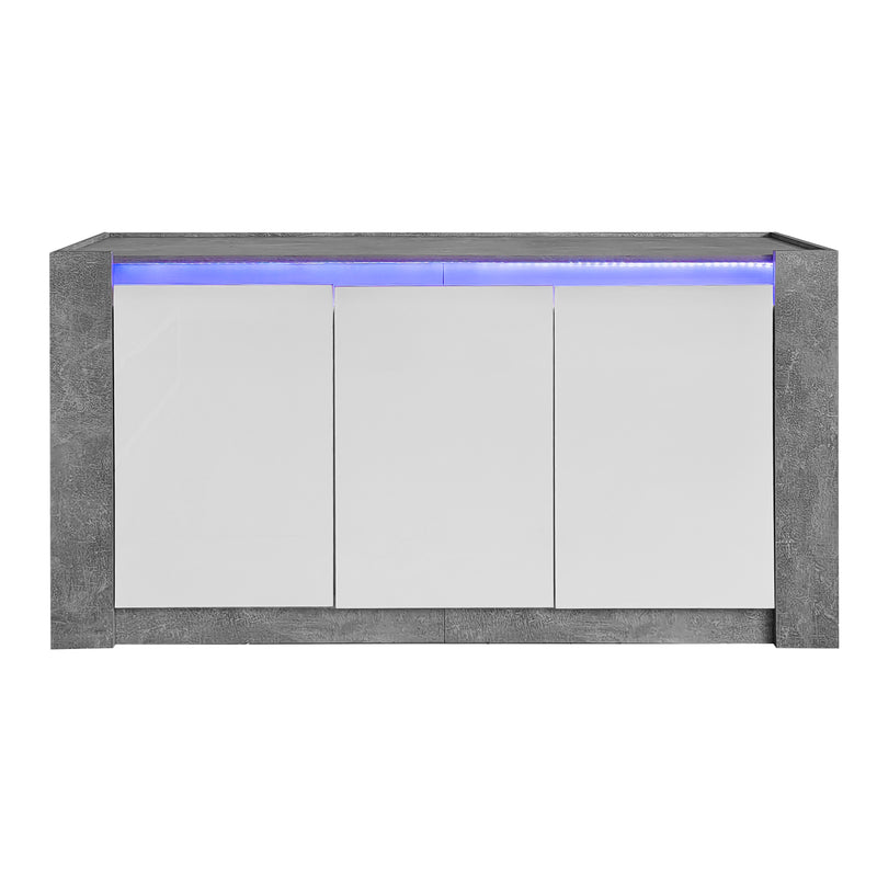 Buffet Moderne Blanc Brillant et Gris Ciment avec Rangement Spacieux et Étagères Ajustables ARKUNS