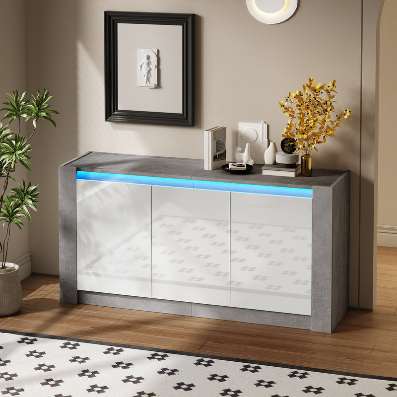 Buffet Moderne Blanc Brillant et Gris Ciment avec Rangement Spacieux et Étagères Ajustables ARKUNS