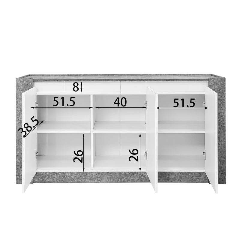 Buffet Moderne Blanc Brillant et Gris Ciment avec Rangement Spacieux et Étagères Ajustables ARKUNS