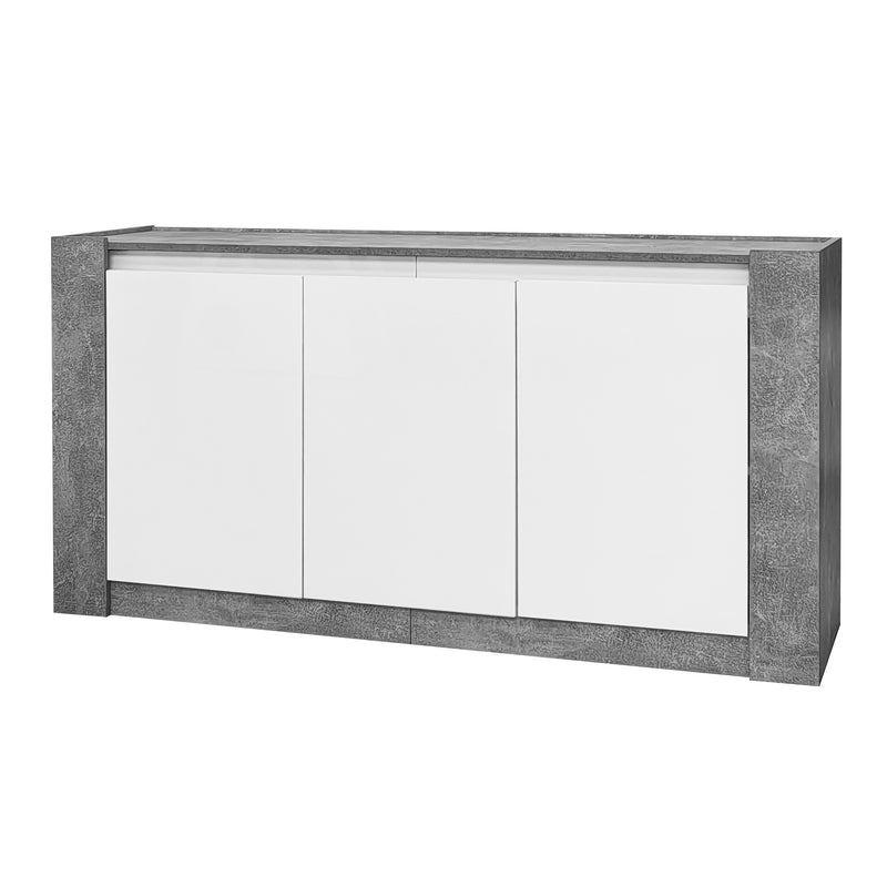 Buffet Moderne Blanc Brillant et Gris Ciment avec Rangement Spacieux et Étagères Ajustables ARKUNS
