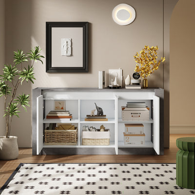 Buffet Moderne Blanc Brillant et Gris Ciment avec Rangement Spacieux et Étagères Ajustables ARKUNS