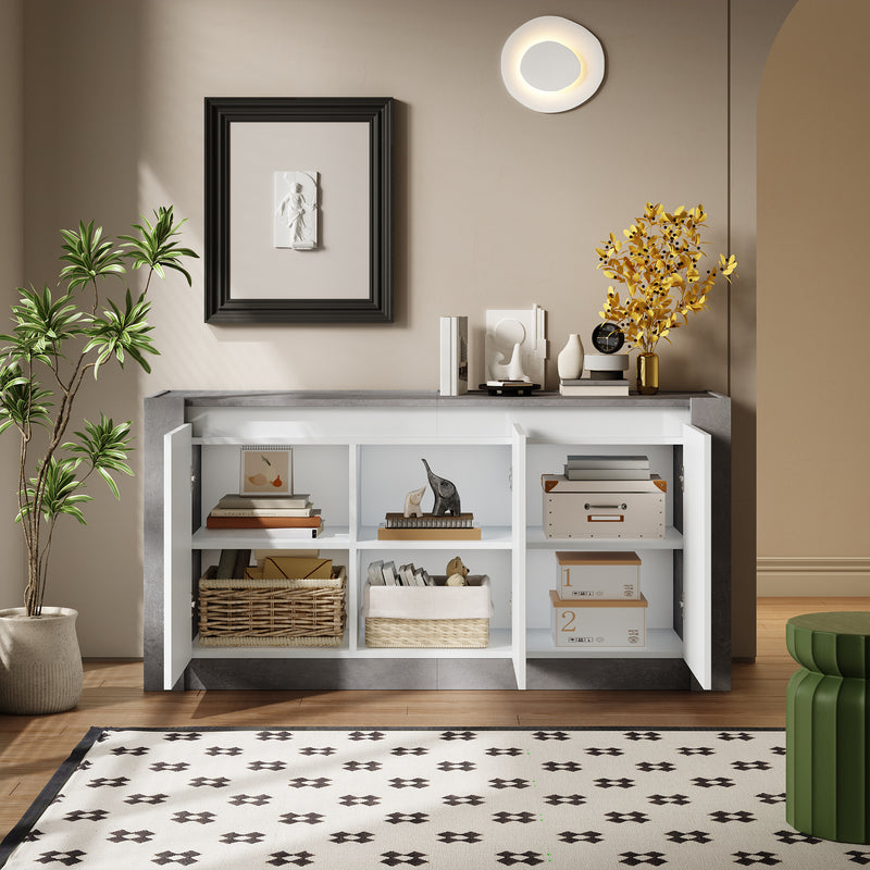 Buffet Moderne Blanc Brillant et Gris Ciment avec Rangement Spacieux et Étagères Ajustables ARKUNS