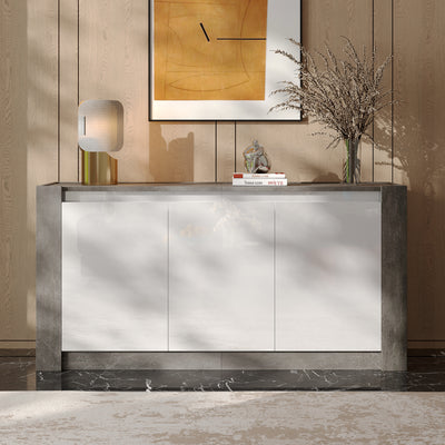 Buffet Moderne Blanc Brillant et Gris Ciment avec Rangement Spacieux et Étagères Ajustables ARKUNS