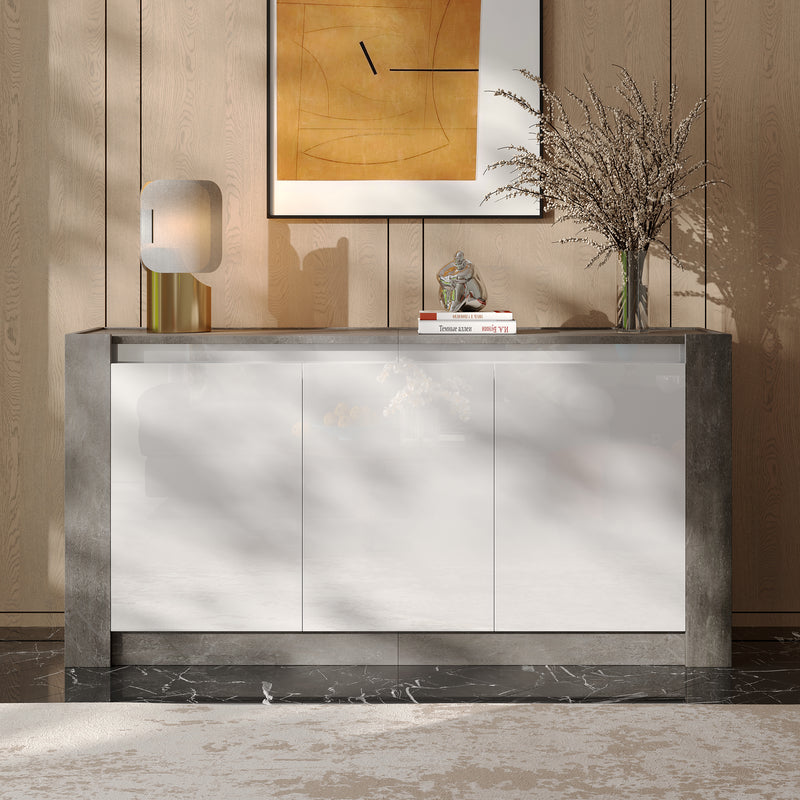 Buffet Moderne Blanc Brillant et Gris Ciment avec Rangement Spacieux et Étagères Ajustables ARKUNS