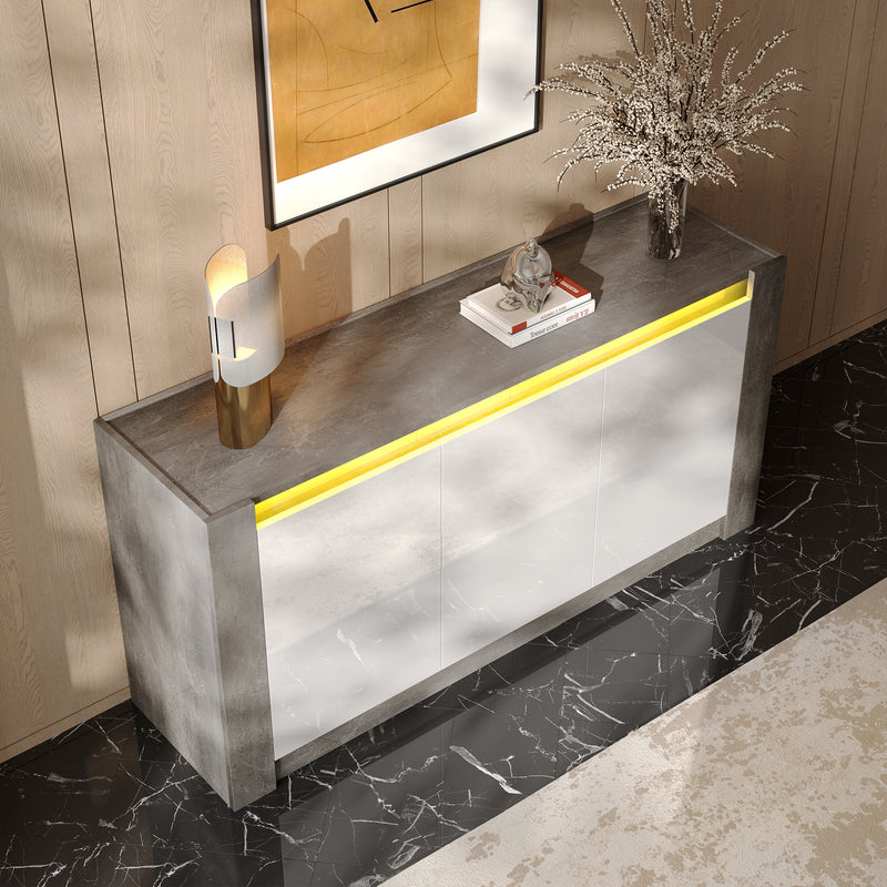 Buffet Moderne Blanc Brillant et Gris Ciment avec Rangement Spacieux et Étagères Ajustables ARKUNS