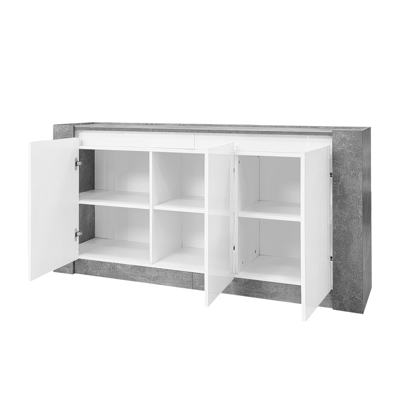 Buffet Moderne Blanc Brillant et Gris Ciment avec Rangement Spacieux et Étagères Ajustables ARKUNS