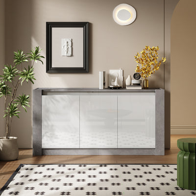 Buffet Moderne Blanc Brillant et Gris Ciment avec Rangement Spacieux et Étagères Ajustables ARKUNS