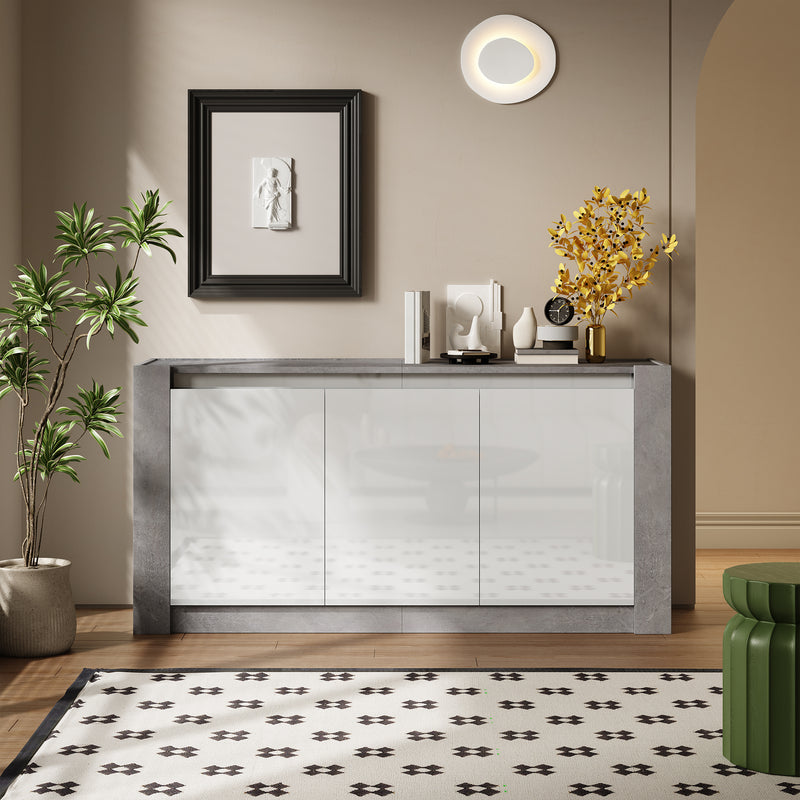 Buffet Moderne Blanc Brillant et Gris Ciment avec Rangement Spacieux et Étagères Ajustables ARKUNS