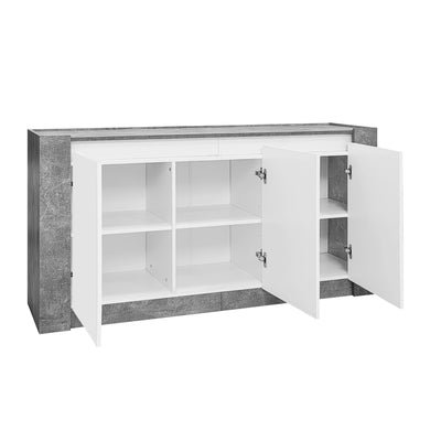 Buffet Moderne Blanc Brillant et Gris Ciment avec Rangement Spacieux et Étagères Ajustables ARKUNS