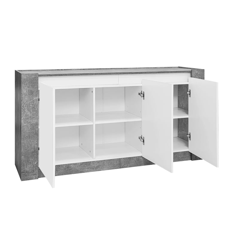 Buffet Moderne Blanc Brillant et Gris Ciment avec Rangement Spacieux et Étagères Ajustables ARKUNS