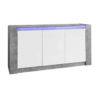 Buffet Moderne Blanc Brillant et Gris Ciment avec Rangement Spacieux et Étagères Ajustables ARKUNS