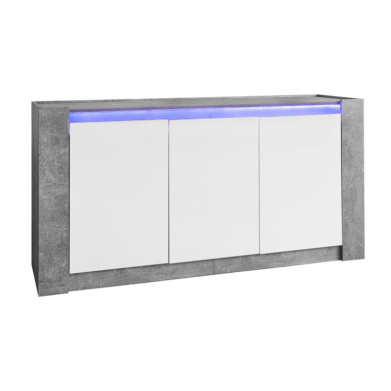 Buffet Moderne Blanc Brillant et Gris Ciment avec Rangement Spacieux et Étagères Ajustables ARKUNS