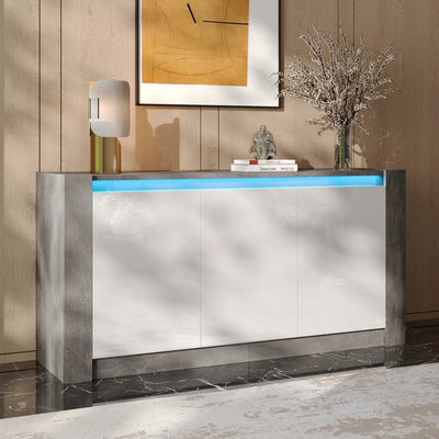 Buffet Moderne Blanc Brillant et Gris Ciment avec Rangement Spacieux et Étagères Ajustables ARKUNS