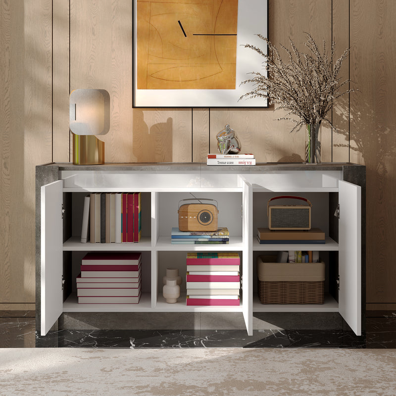 Buffet Moderne Blanc Brillant et Gris Ciment avec Rangement Spacieux et Étagères Ajustables ARKUNS